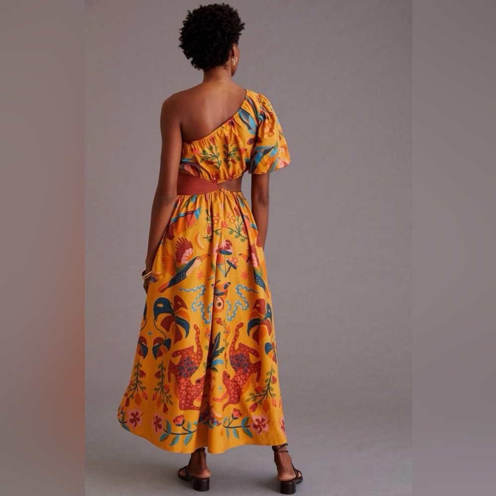FARM Rio One Shoulder Maxi Dress in Gold Size Small. - Picture 14 of 16